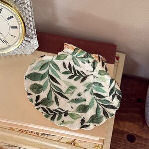 Leaf-Print Ceramic Trinket Dish - Green & Black Leaf Pattern